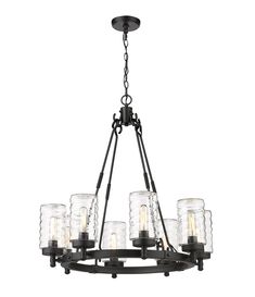 a chandelier with six glass jars hanging from the bottom and four lights on each side