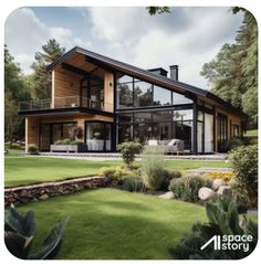 an image of a house that is in the middle of some grass and bushes with trees around it