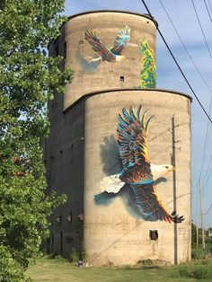 an eagle painted on the side of a water tower