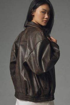 Don't forget a jacket – the season's staple is having a moment, featuring roomy pockets, textured trim, and an oversized fit. | Oversized Washed Faux-Leather Jacket by Pilcro in Brown, Women's, Size: XL, Polyester/Polyurethane at Anthropologie Work Jackets Women, Oversized Brown Leather Jacket Outfit, Womens Fall Fashion 2024, Brown Oversized Leather Jacket, Cloth Closet, Fall Jackets For Women, Fall Jackets Outfit, Winter Leather Jacket, Oversized Outerwear