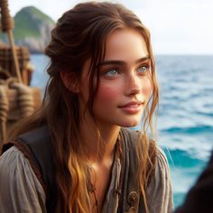 a beautiful young woman standing on top of a boat next to the ocean and looking into the distance