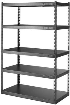 four tiered metal shelving unit with five shelves on one side and two sides