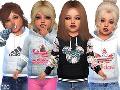 four girls wearing adidas hoodies and jeans, all in different colors with their hands on their lips