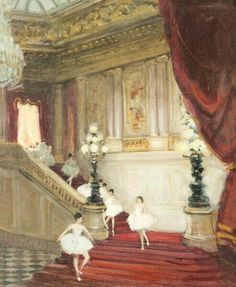 two ballerinas in white tutus are walking down the red carpeted staircase