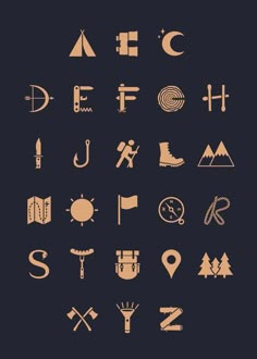 an image of different types of symbols on a black background, including trees and mountains