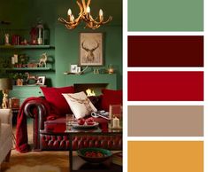 a living room with green walls and red furniture in the center is an antelope color scheme