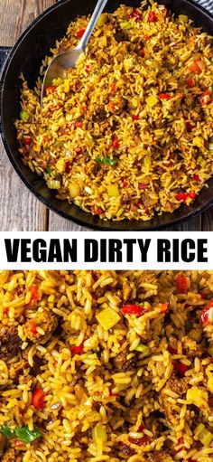 two pictures showing different types of rice in a skillet with the words vegan dirty rice