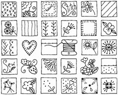 a black and white drawing of many different designs on squares with flowers, leaves, hearts, and other things