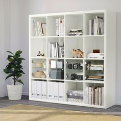 a white bookcase with books and other items on it in a room next to a potted plant