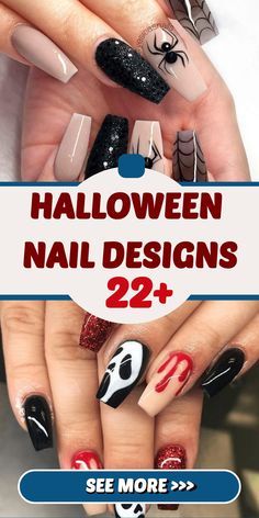 Summer Nail Designs Short Nails, Holiday Nails Dark, Summer Nail Designs Short, Spider Halloween Nails, Long Halloween Nails, Halloween Nails Long, Halloween Nail Designs Short, Halloween Nails Spider, Red Nails Winter