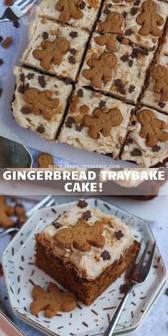 there is a cake with cookies on it and the words gingerbread tray bake