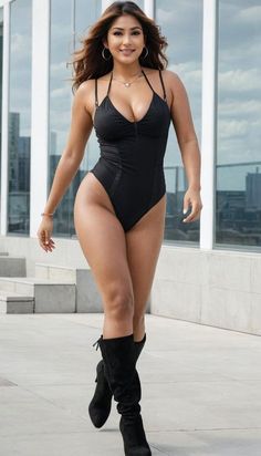 a woman in a black swimsuit is walking down the street with her legs crossed