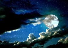 the night sky with clouds, stars and a full moon in the middle of it