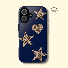 an iphone case with leopard print and hearts on it, in the shape of stars