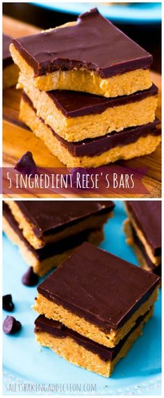 five ingredient reese bars stacked on top of each other with chocolate and peanut butter in the middle