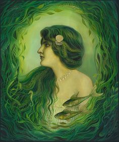 a painting of a woman with long green hair and fish in her hand, surrounded by leaves