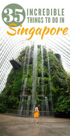 a woman standing in front of a waterfall with text overlay reading 35 incredible things to do in singapore