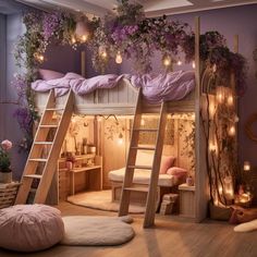 a room with bunk beds and plants growing on the walls, lights hanging from the ceiling