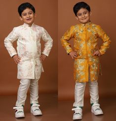 Hand Embroidery and Premium Quality Silk Beautiful Indo Western Sherwani In Ivory White For Boys Brother Sister Matching Outfit In Hand Embroidery and Premium Quality Silk * Type - Indo Western Sherwani * Colour - Yellow Mustard * Fabric - Silk * Embroidery - Floral Hand Embroidery In Gold * Bottom - Silk Chudidar In Light Cream Bollywood Multicolor Embroidered Sherwani For Diwali, Bollywood Style Multicolor Embroidered Sherwani For Festive Occasions, Ceremonial Festive Sherwani With Multicolor Embroidery, Festive Ceremonial Sherwani With Multicolor Embroidery, Bollywood Style Festive Sherwani With Multicolor Embroidery, Ceremonial Sherwani With Multicolor Embroidery For Eid, Dori Work Sherwani For Diwali Ceremonies, Bollywood Style Sherwani With Multicolor Embroidery For Eid, Fitted Multicolor Embroidered Sherwani For Festive Occasions