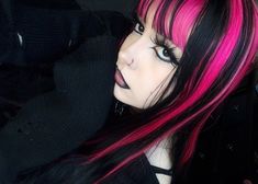 Half Pink Half Black Hair Short, Black And Neon Pink Hair, Black And Pink Split Dye, Pink Bangs Black Hair, Black And Hot Pink Hair, Half Pink Half Black Hair, Pink Hair Alternative, Blonde Hair With Color, Pink Scenecore