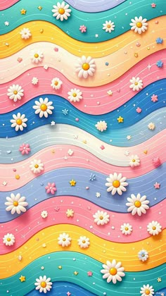 an abstract painting with daisies and stars on the waves in pastel pink, blue, yellow and white