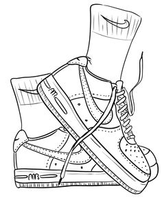 a drawing of a pair of shoes with one shoe tied up and the other on top