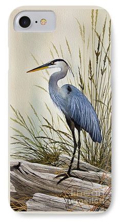 a painting of a blue heron standing on a log