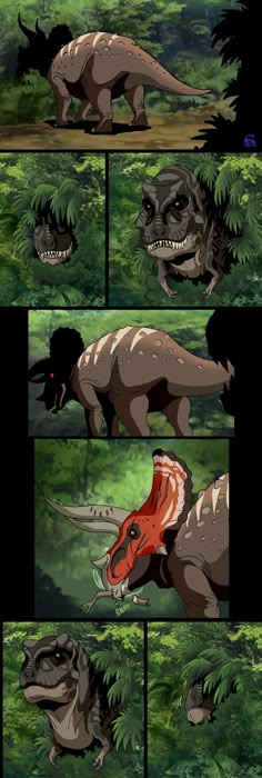 an image of dinosaurs in different stages of being chased by another dinosaur, and then running through the forest