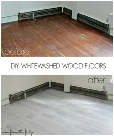 before and after pictures of wood floors in an empty room with white paint on the floor