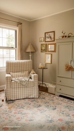 Cuddle up with @ourkinandhome in the Crawford Glider in Tan Gingham, a stunning centerpiece for this cozy nursery corner. Gingham Nursery, Cottage Nursery, Closet Art, A Peaceful Place, I Want Her, Baby Room Inspiration, Peaceful Place, Nursery Room Inspiration, Nursery Chair