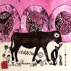 a drawing of a cow and its baby in front of three circles on a pink background