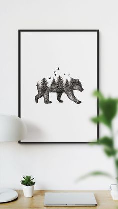 a black and white drawing of a bear with trees on it