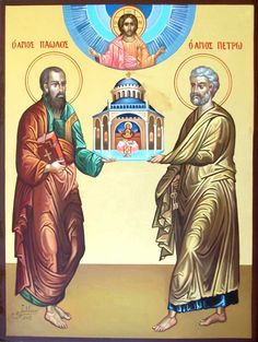 an icon with two men in front of a church