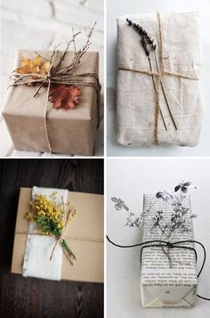 four different wrapped presents with flowers and branches on them