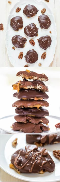 chocolate pecan cookies stacked on top of each other