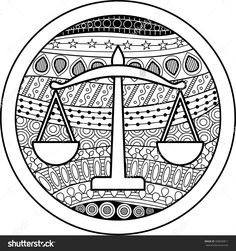 a black and white drawing of a scales of justice on a circle with circles around it