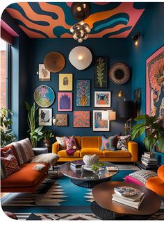 a living room filled with lots of furniture and paintings on the wall above it's colorful couches