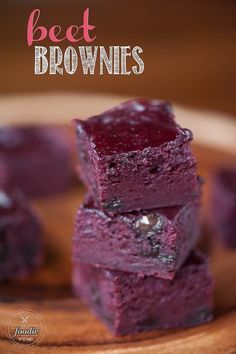 three pieces of beet brownies stacked on top of each other with the title above it