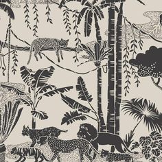 an animal themed wallpaper with trees, animals and other things in the jungle on it