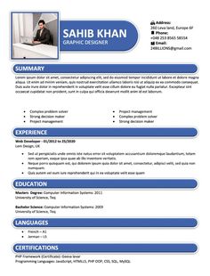 a blue and white resume template with an image of a man on the computer screen