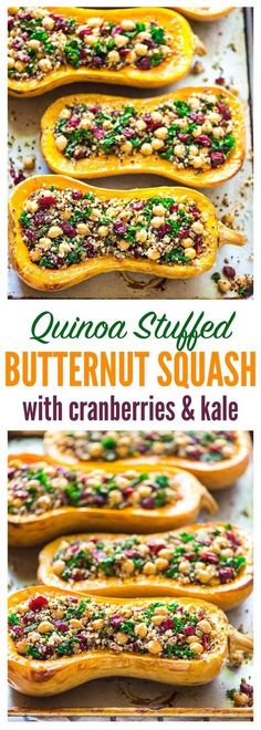 quinoa stuffed butternut squash with cranberries and kale on a baking sheet