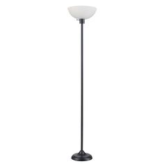 a black floor lamp with a white glass shade on the top and bottom part of it