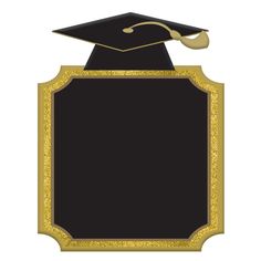 a black and gold graduation cap on top of a sign with a golden border around it