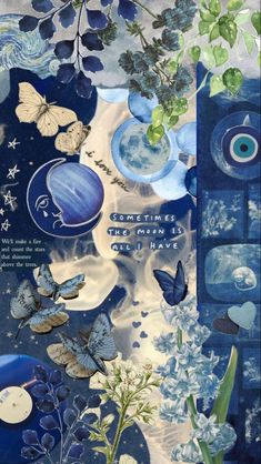 a collage of blue and white images with butterflies, flowers, and the words sometimes we are all here