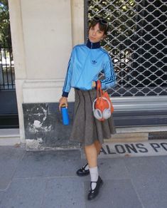 Sports Jacket Outfit, Sports Jersey Outfit, Adidas Vintage Jacket, Sport Skirt Outfit, Track Outfits, Adidas Skirt, Pleated Skirt Outfit