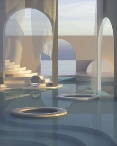 an artistic rendering of the interior of a futuristic building with arches and windows overlooking water