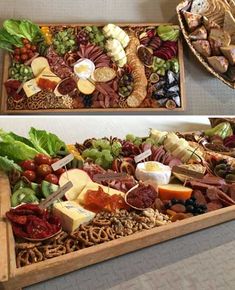 two pictures of different types of food in a wooden tray with cheese, meats and vegetables