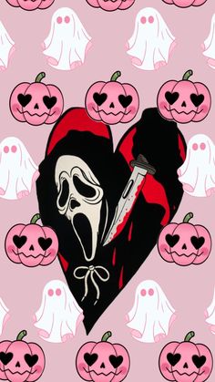 a heart with a knife in it surrounded by pumpkins and ghost faces on a pink background