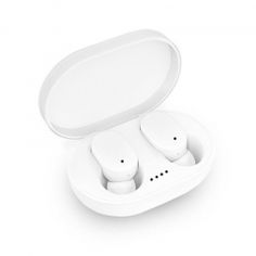 an image of two white earphones in the case on a white background with space for text