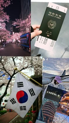 a collage of photos showing the various locations in korea, including an airplane and cherry blossom trees